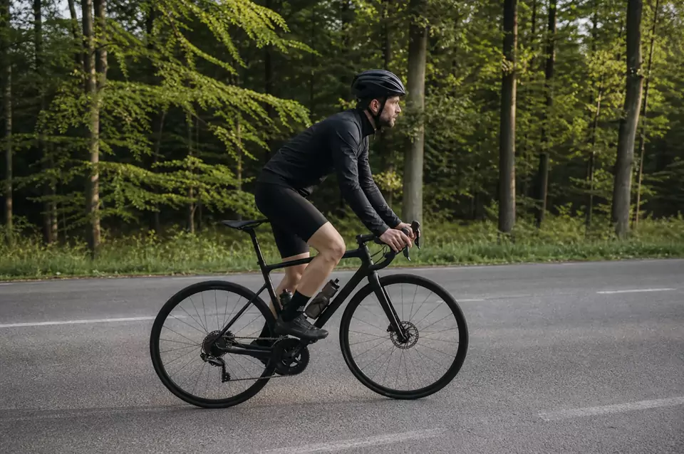 Cyclist centered on a forest road