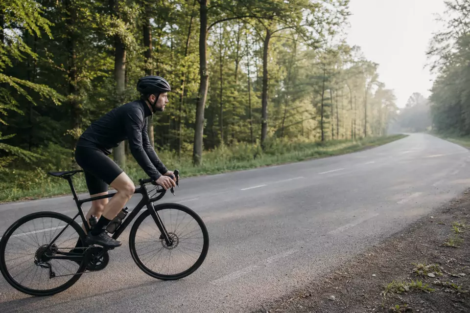 Cyclist on the left third with open road ahead